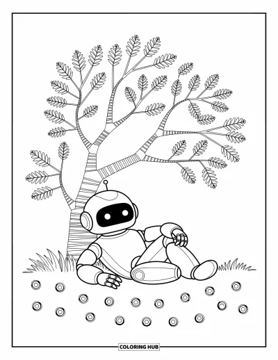 Dibujo de robots para colorear para niños: Un robot se relaja junto a un árbol mecánico con tornillos y engranajes dispersos cerca