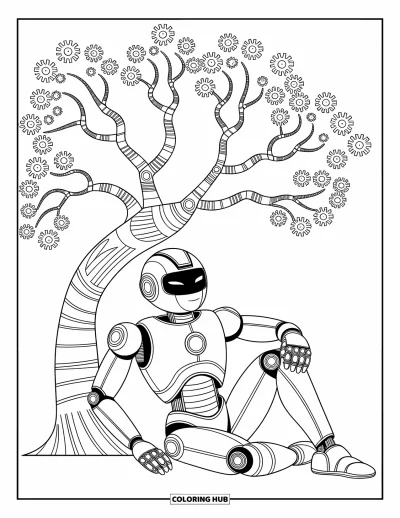 Dibujo de robots para colorear para niños: Un robot descansa junto a un árbol mecánico con pequeñas hojas en forma de engranaje