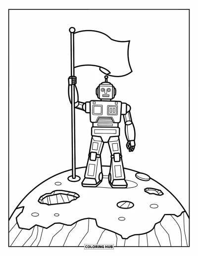 Dibujo de robots para colorear para niños: Un robot está sobre un planeta rocoso con un cráter y sostiene una bandera en alto