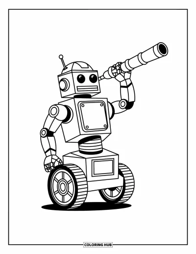 Dibujo de robots para colorear para niños: Un robot está sobre una rueda con un brazo telescópico apuntando hacia arriba