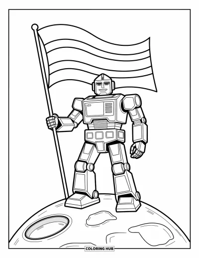 Dibujo de robots para colorear para niños: Un robot está sobre terreno rocoso con un cráter y planta una bandera