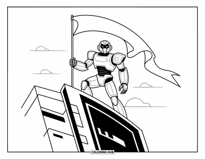 Dibujo de robots para colorear para niños: Un robot está con orgullo sobre una torre futurista con una bandera ondeando con fuerza