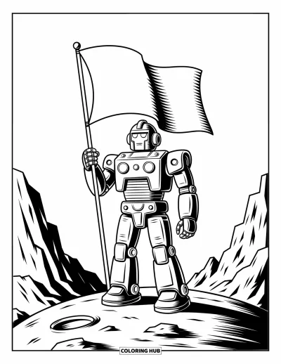 Dibujo de robots para colorear para niños: Un robot se alza con orgullo en un planeta rocoso sosteniendo una bandera junto a un cráter