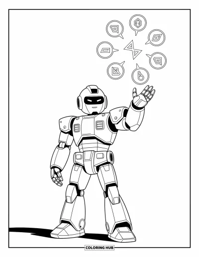 Dibujo de robots para colorear para niños: Un robot se alza con un bastón y símbolos flotando sobre su mano
