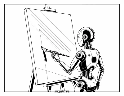 Dibujo de robots para colorear para niños: Un robot está listo con un pincel frente a un lienzo de líneas geométricas marcadas