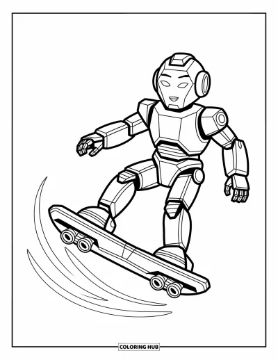 Dibujo de robots para colorear para niños: Un robot de rostro amistoso monta un hoverboard con estelas de propulsión en espiral