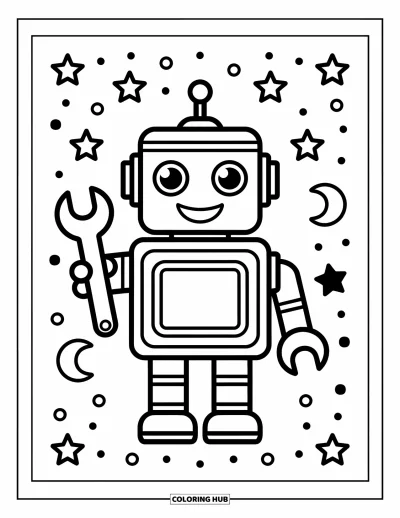 Dibujo de robots para colorear para niños: Un robot de cuerpo redondo sostiene una llave de juguete con una sonrisa