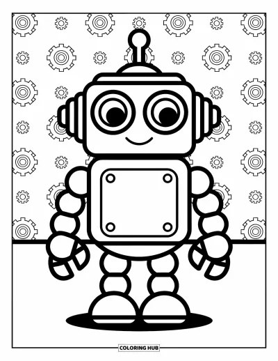 Dibujo de robots para colorear para niños: Un robot con orejas en forma de engranaje está con los brazos cortos levantados
