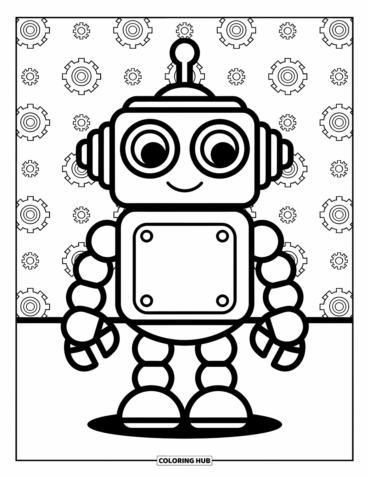 Kolorowanka z robotem dla dzieci: Robot z uszami w kształcie zębatek stoi z uniesionymi krótkimi ramionami