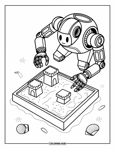 Dibujo de robots para colorear para niños: Un robot con brazos mecánicos construye un castillo de arena con torres y huellas en la playa