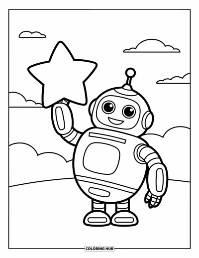 Dibujo de robots para colorear para niños: Un robot redondo sostiene feliz una estrella brillante en el aire