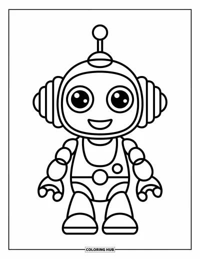 Dibujo de robots para colorear para niños: Un robot redondo con rueditas pequeñas y gran sonrisa saluda