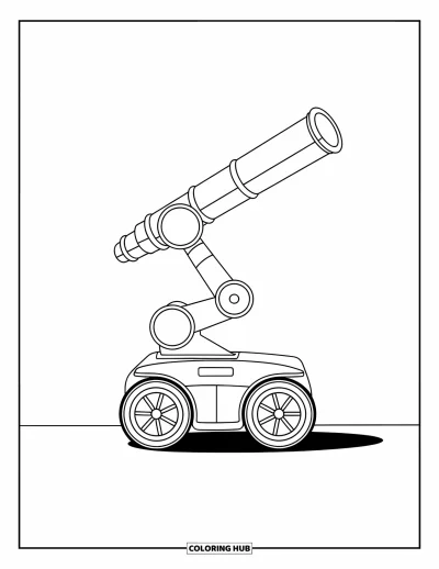 Dibujo de robots para colorear para niños: Un robot de una sola rueda se mantiene erguido con su brazo telescópico extendido