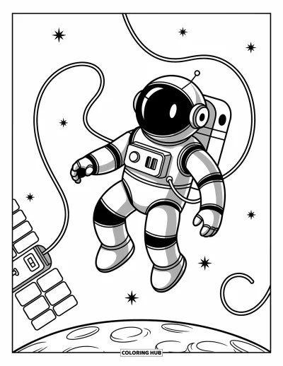 Dibujo de robots para colorear para niños: Un robot astronauta estilizado flota en el espacio conectado por líneas de cable
