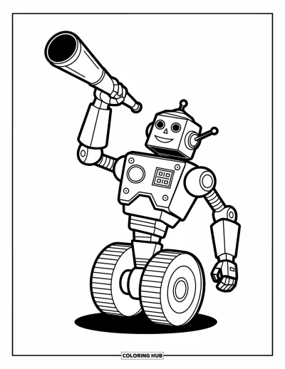 Dibujo de robots para colorear para niños: Un robot estilizado se equilibra sobre una rueda con su brazo telescópico levantado