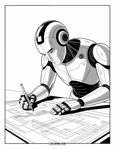 Dibujo de robots para colorear para niños: Un robot estilizado diseña aparatos en una pantalla de planos brillante
