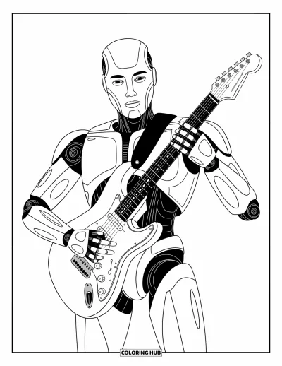 Dibujo de robots para colorear para niños: Un robot estilizado sostiene una guitarra eléctrica, listo para tocar con elegancia