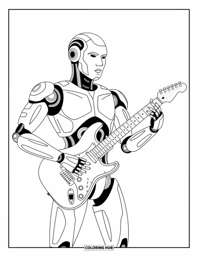 Dibujo de robots para colorear para niños: Un robot estilizado toca una guitarra eléctrica con patrones dinámicos en los brazos