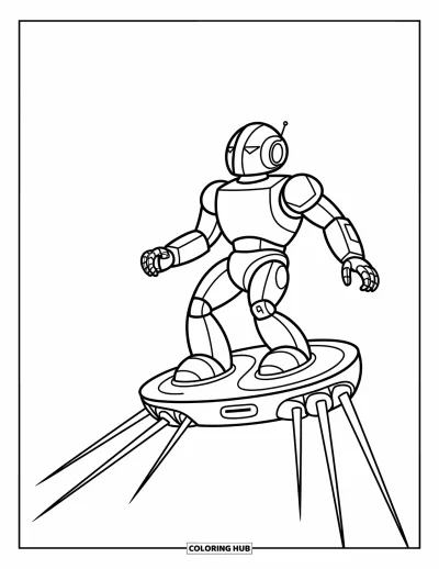 Dibujo de robots para colorear para niños: Un robot estilizado monta un hoverboard con finas líneas de propulsión que muestran movimiento