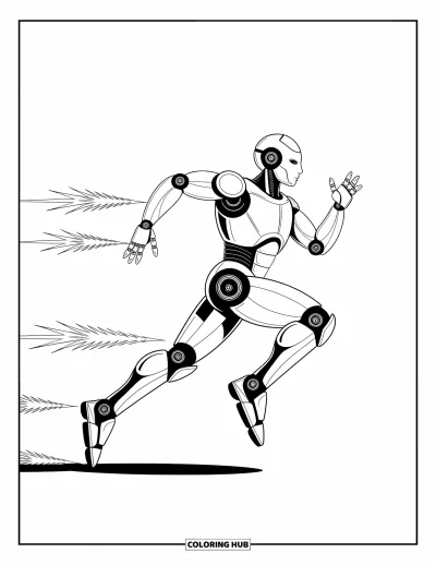 Dibujo de robots para colorear para niños: Un robot estilizado corre hacia adelante con chispas detrás de sus extremidades
