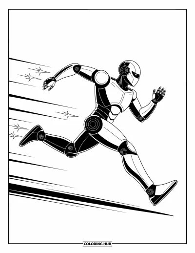Dibujo de robots para colorear para niños: Un robot estilizado corre con chispas detrás en líneas negras definidas