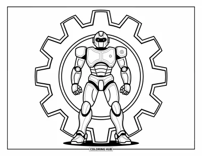 Dibujo de robots para colorear para niños: Un robot estilizado se alza dentro de un engranaje colosal con diseños mecánicos dinámicos
