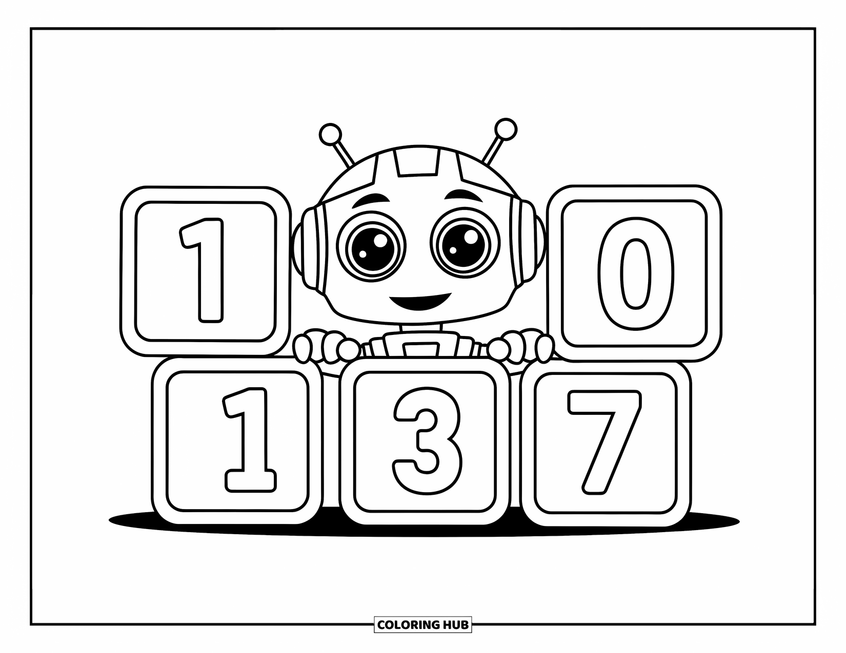 Kolorowanka z robotem dla dzieci: Mały robot uśmiecha się chowając się za dużymi klockami z numerami