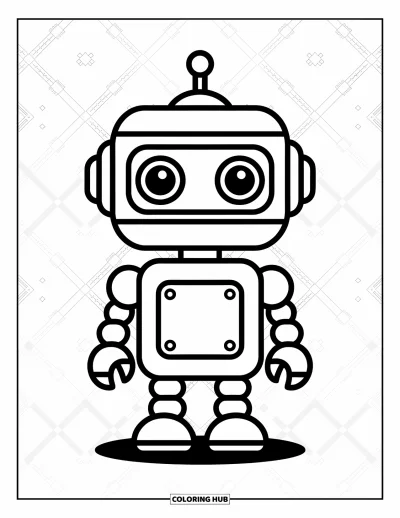 Dibujo de robots para colorear para niños: Un robot pequeño de cuerpo cuadrado y ojos redondos grandes permanece quieto