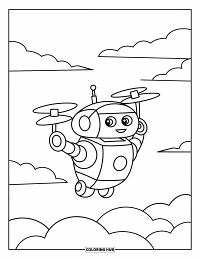 Dibujo de robots para colorear para niños: Un robot pequeño con hélices vuela entre nubes en espiral con una sonrisa feliz