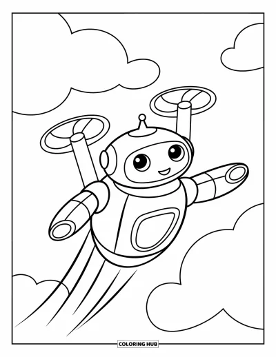 Dibujo de robots para colorear para niños: Un robot pequeño con hélices surca el aire con una expresión feliz