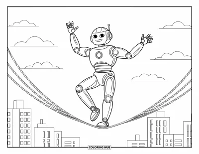 Dibujo de robots para colorear para niños: Un robot sonriente se equilibra en un cable entre edificios altos con detalles de ciudad debajo