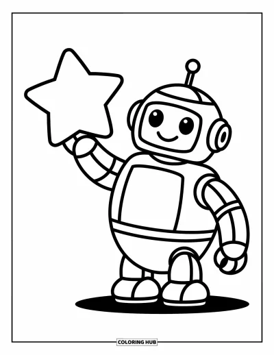 Dibujo de robots para colorear para niños: Un robot sonriente sostiene una estrella brillante con nubes en espiral alrededor