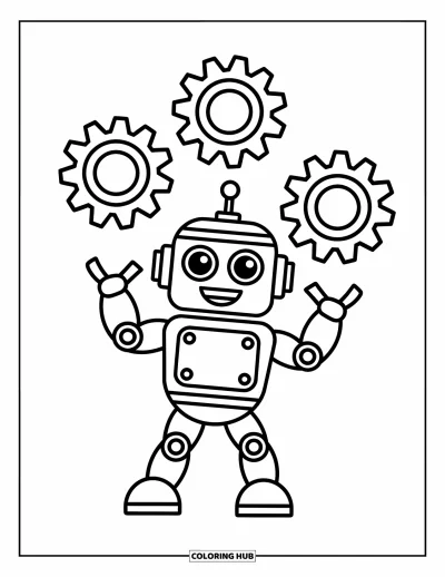 Dibujo de robots para colorear para niños: Un robot sonriente hace malabares con engranajes detallados y patrones divertidos alrededor