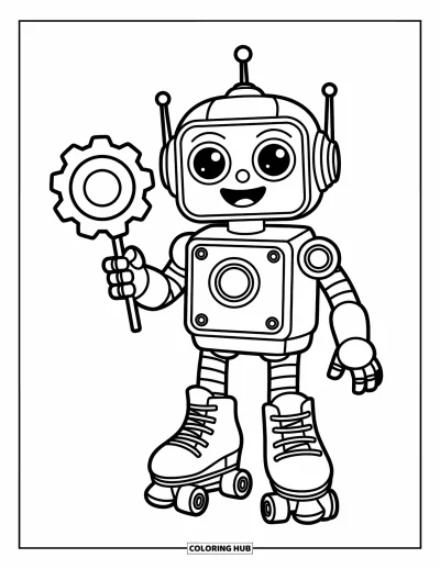 Dibujo de robots para colorear para niños: Un robot sonriente en patines sostiene una paleta en forma de engranaje con botones y tornillos visibles
