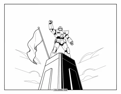 Dibujo de robots para colorear para niños: Un robot fuerte en una torre alta con una bandera ondeando en la brisa