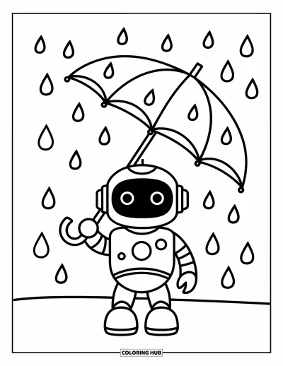 Dibujo de robots para colorear para niños: Un robot diminuto sostiene un paraguas mientras caen gotas de lluvia por todas partes