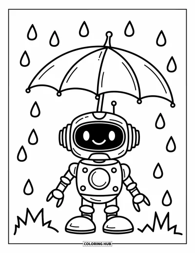 Dibujo de robots para colorear para niños: Un robot diminuto sostiene un paraguas mientras caen gotas de lluvia alrededor