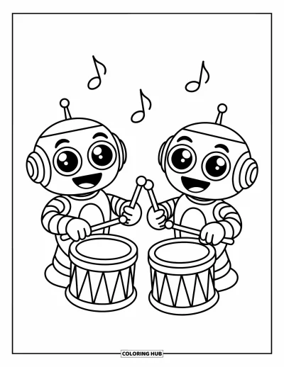 Dibujo de robots para colorear para niños: Dos robots alegres tocan tambores con notas musicales flotando alrededor