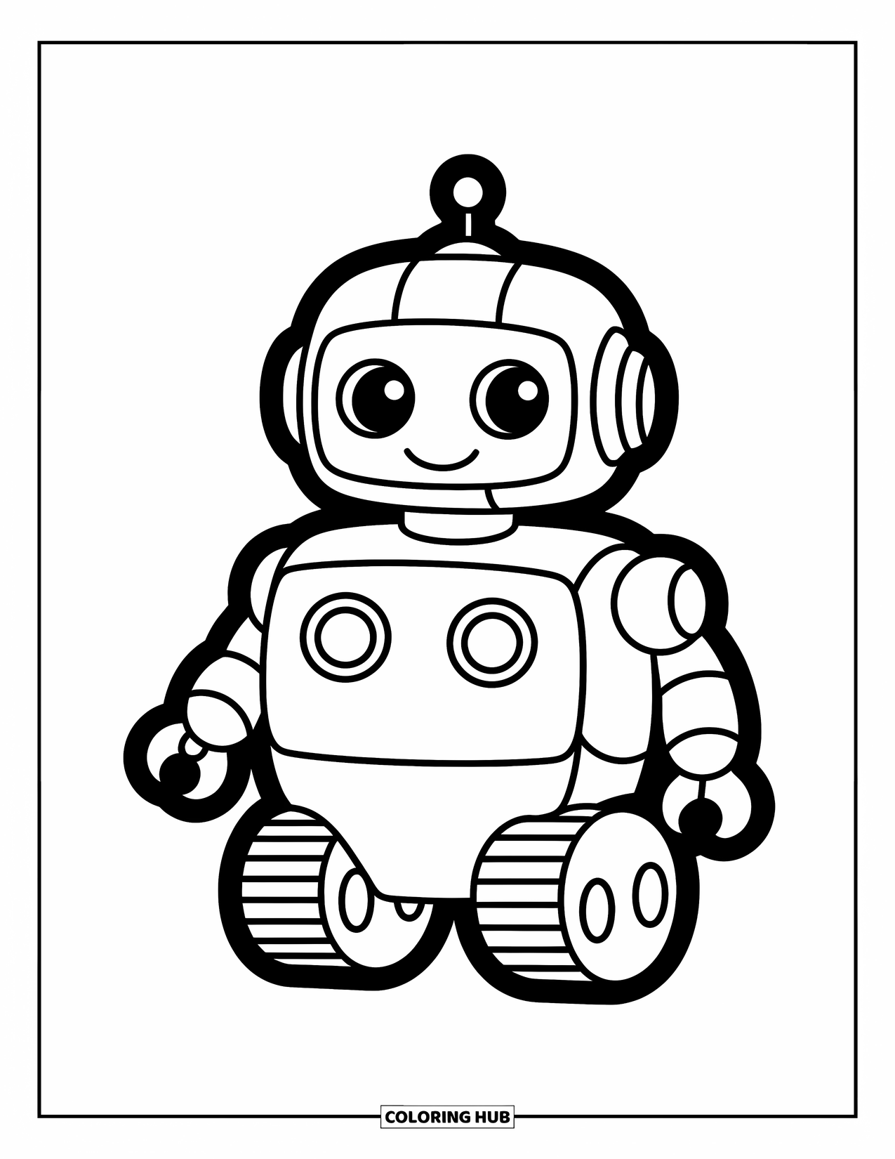 Kolorowanka z robotem dla dzieci: Dwa wesołe roboty stoją razem trzymając balon w kształcie serca