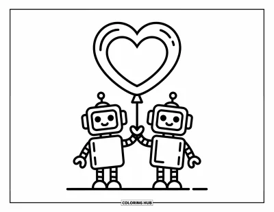Dibujo de robots para colorear para niños: Dos robots amistosos sostienen un globo de corazón entre ambos
