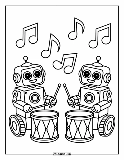 Dibujo de robots para colorear para niños: Dos robots amistosos hacen música con tambores de juguete y notas alrededor