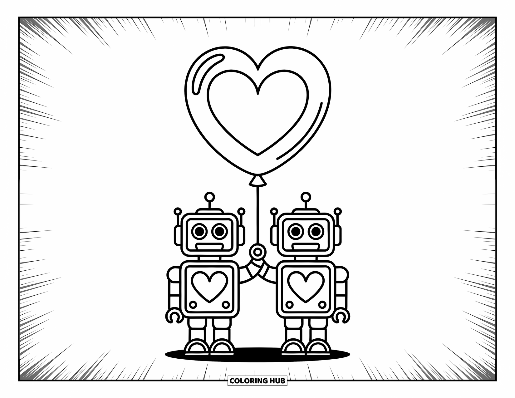 Kolorowanka z robotem dla dzieci: Dwa przyjazne roboty uśmiechają się trzymając razem balon w kształcie serca