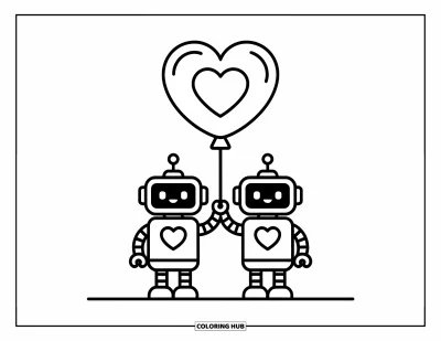 Dibujo de robots para colorear para niños: Dos robots felices sostienen un gran globo de corazón entre ambos