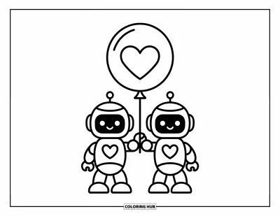 Dibujo de robots para colorear para niños: Dos robots juguetones comparten un globo con forma de corazón en el aire