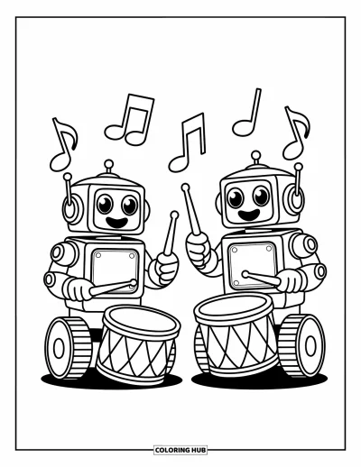 Dibujo de robots para colorear para niños: Dos robots juguetones tocan tambores con notas musicales flotando