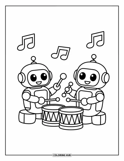 Dibujo de robots para colorear para niños: Dos robots tocan tambores felices con notas bailando sobre ellos