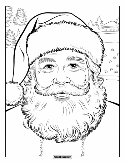 Coloriage de Père Noël pour adultes : Gros plan sur le visage du Père Noël, chaque ride et chaque poil de barbe dessinés avec précision