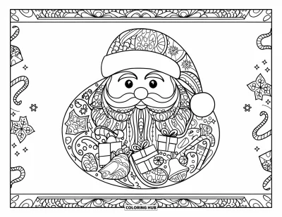Coloriage de Père Noël pour adultes : Un motif festif du Père Noël rempli de symboles de Noël, idéal pour un moment artistique et apaisant