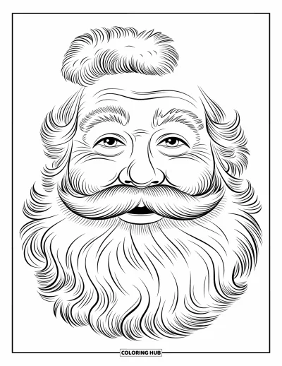 Coloriage de Père Noël pour adultes : Gros plan très détaillé du visage du Père Noël, mettant en valeur ses yeux chaleureux et sa barbe fluide
