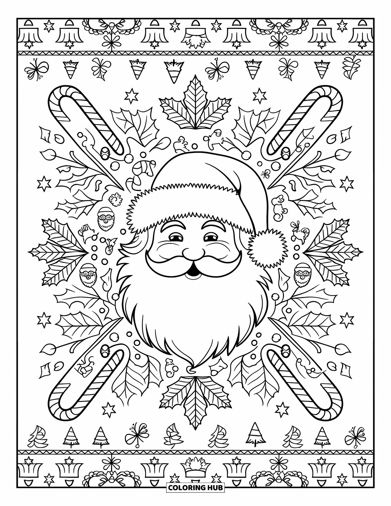 Santa Coloring Page for Adults: An elaborate Christmas pattern surrounds Santa's face, creating a festive and decorative design